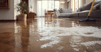 Zalana podłoga. W tle meble.