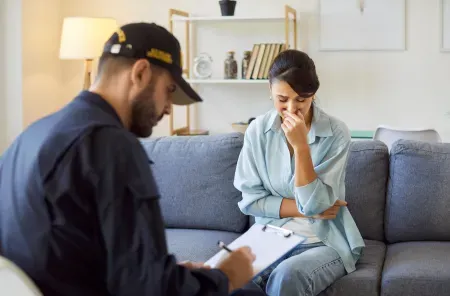 Zmartwiona kobieta siedzi na przeciwko mężczyzny w mundurze z kwestionariuszem.